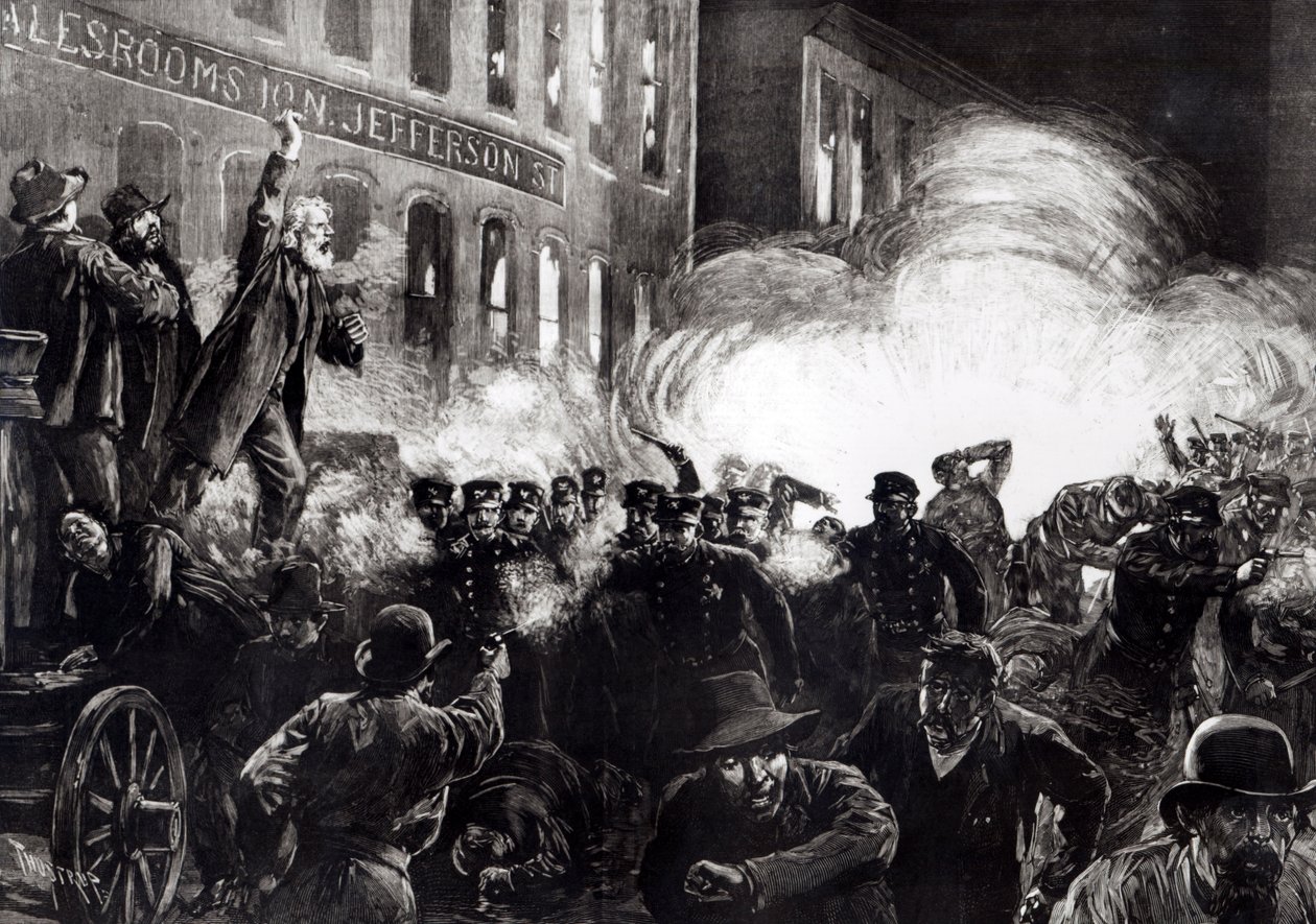 Anarchistická vzpoura v Chicagu: Dynamitová bomba vybuchující mezi policií, z 