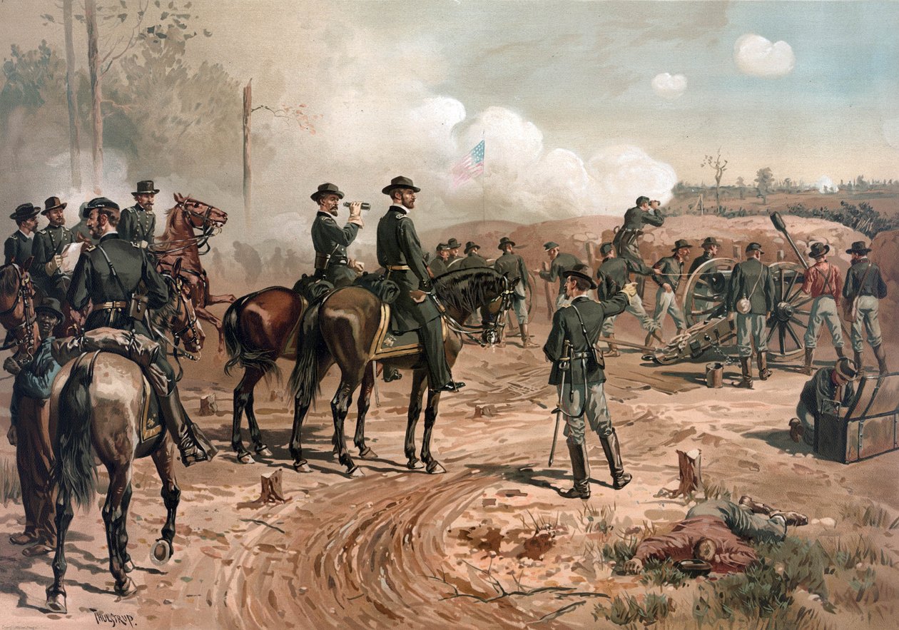 Občanská válka v USA: generál Sherman při obléhání Atlanty v roce 1864 (litografie) od Thure de Thulstrup
