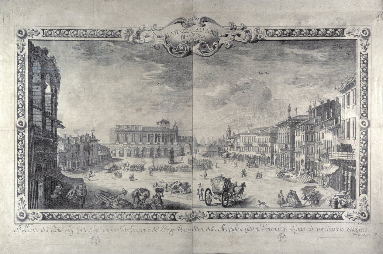 Piazza della Bra, Verona, rytina Gianantonio Urbani, kolem roku 1700 od Tiberio Majeroni