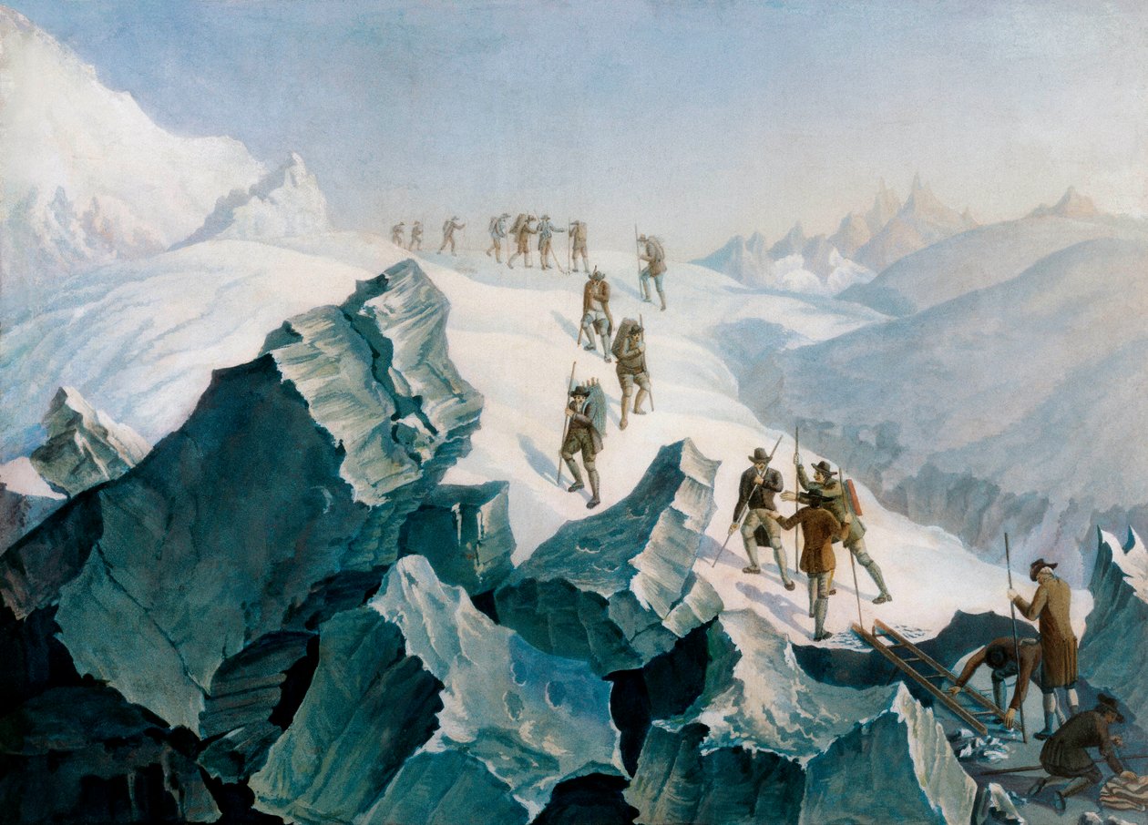 Sestup Horace Benedicta de Saussure, jeho syna a průvodců dolů Mont Blanc, srpen 1787 od Tiberius Dominikus Wocher