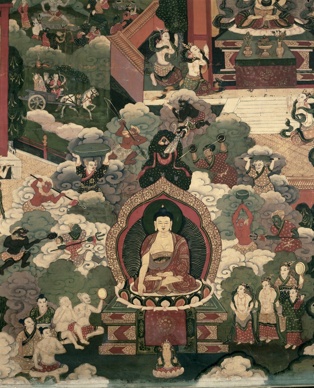 Život Buddhy Šákjamuniho, armády Mara útočí na požehnané (malba na hedvábí) od Tibetan School