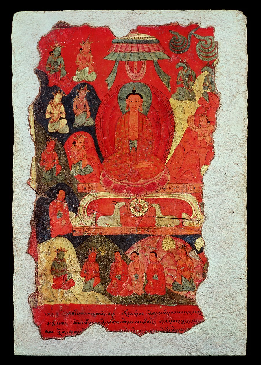 První kázání Buddhy (nástěnná malba) od Tibetan School