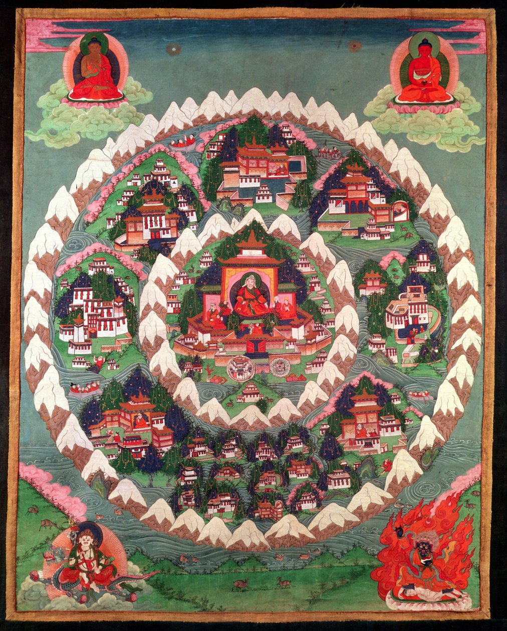 Ráj Shambhala, tibetský prapor (malované hedvábí) od Tibetan School