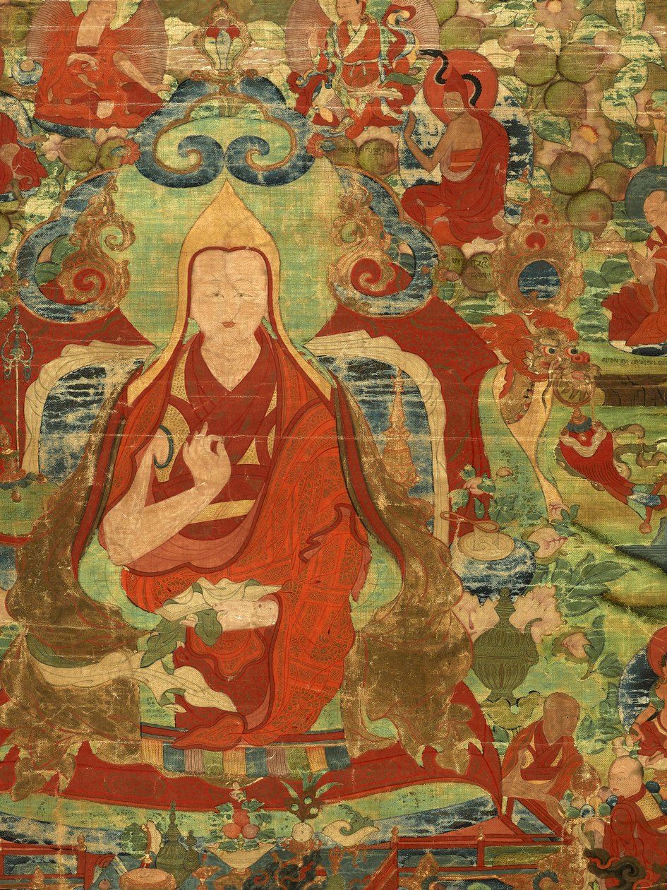 Detail třetího pančhenlamy Losan Penden Yeshe (kvaš na látce) od Tibetan School