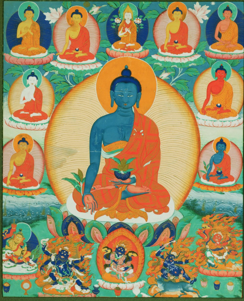 Thangka obraz zobrazující Baishajyaguru, Menla se sedmi dalšími Buddhy medicíny, 1780-1880 (papír) od Tibetan School