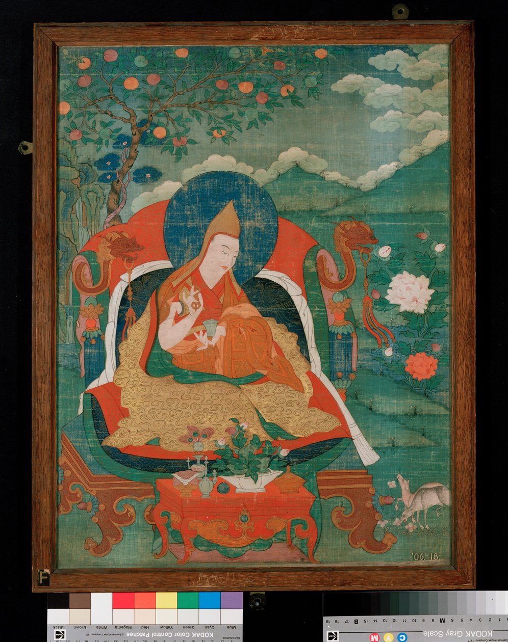Obraz Thangka zobrazující otce lamaistické sekty žlutého klobouku, Gelupga Lama, kolem 1700-1825 (distemper na plátně) od Tibetan School