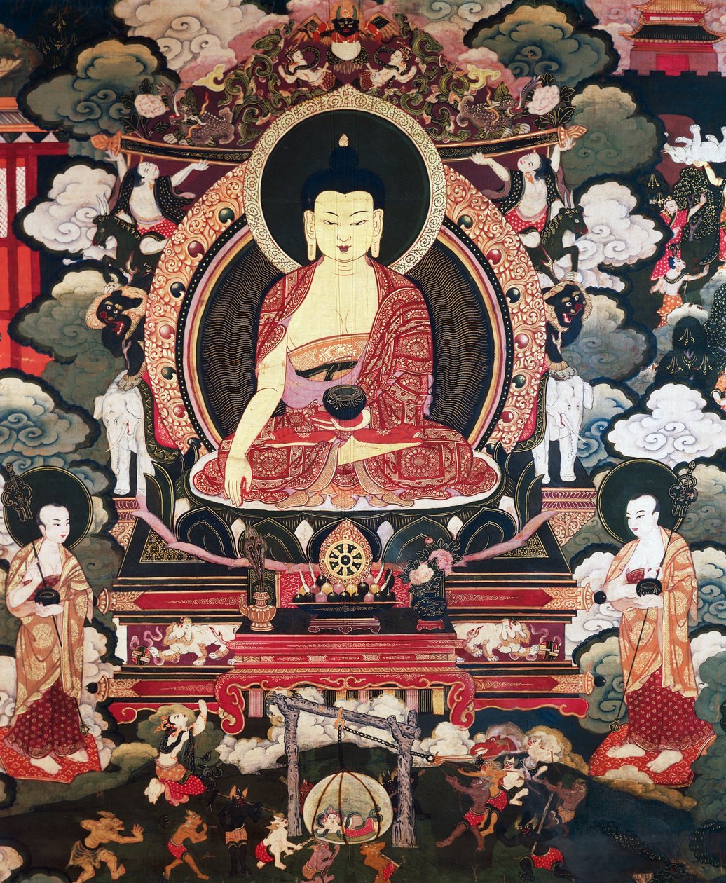Buddha sedící mezi svými dvěma velkými žáky Cariputrou a Maudgalyayanou, scény ze života Buddhy Šákjamuniho, tibetské civilizace od Tibetan School