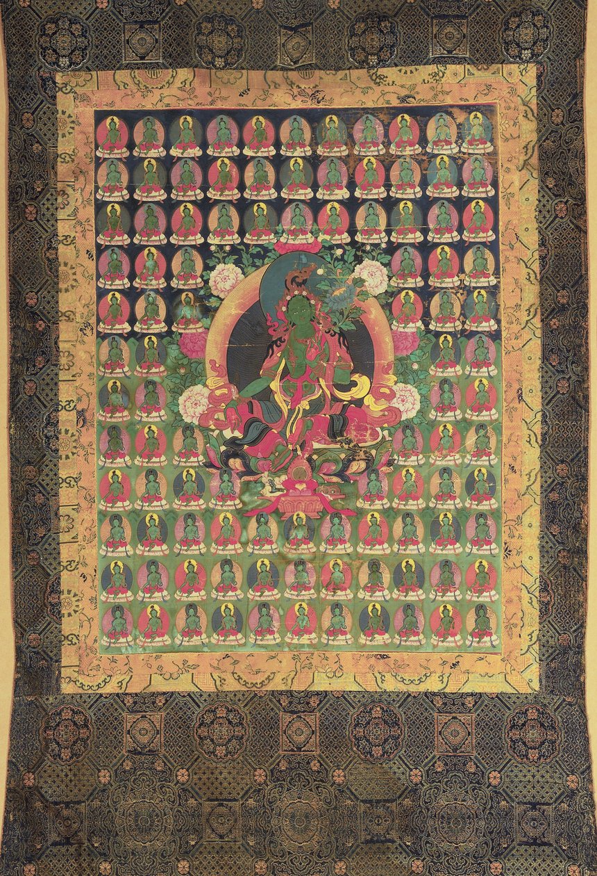 Zelená Tara, (kvaš a zlacení na bavlně) od Tibetan School