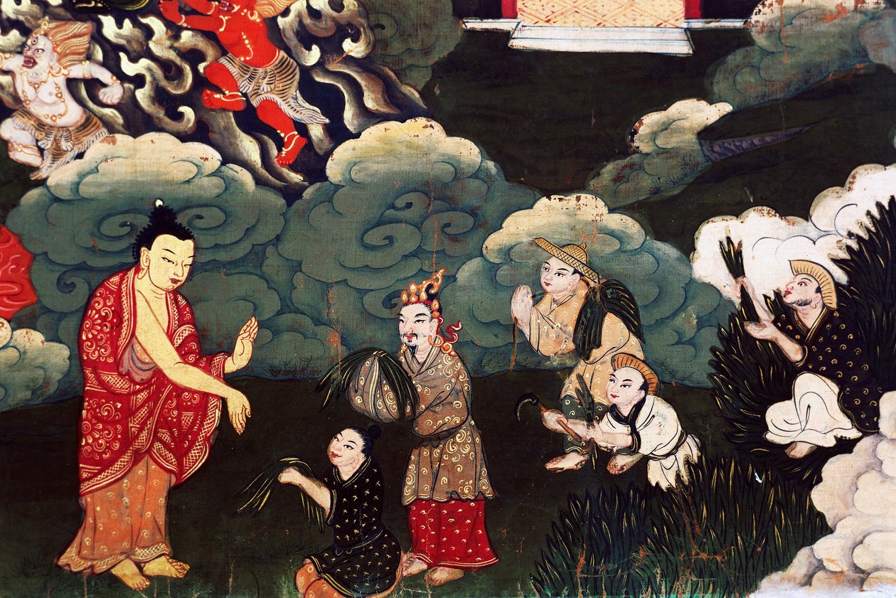 Nabízí trsy trávy, výjevy ze života Buddhy Šákjamuniho od Tibetan School