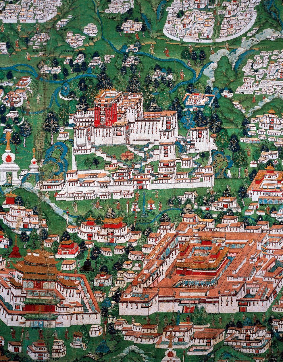 Město Lhasa a Potala, barevná rytina od Tibetan School