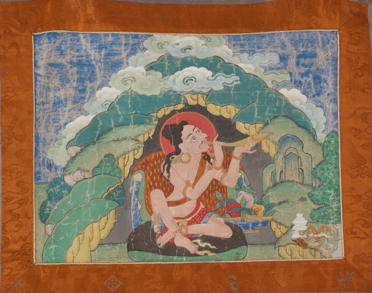 Mahasiddha Krishnacharya, z částečné sady thangky, začátek 19. století (minerální pigmenty na klížené bavlně; originální brokátová montáž) od Tibetan School