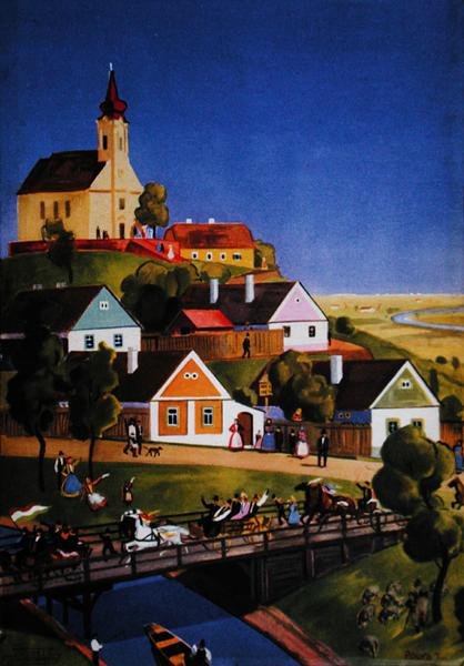 Typická maďarská vesnice, ilustrace z turistické brožury, cca 1930-40 (barevné lito) od Tibor Polya