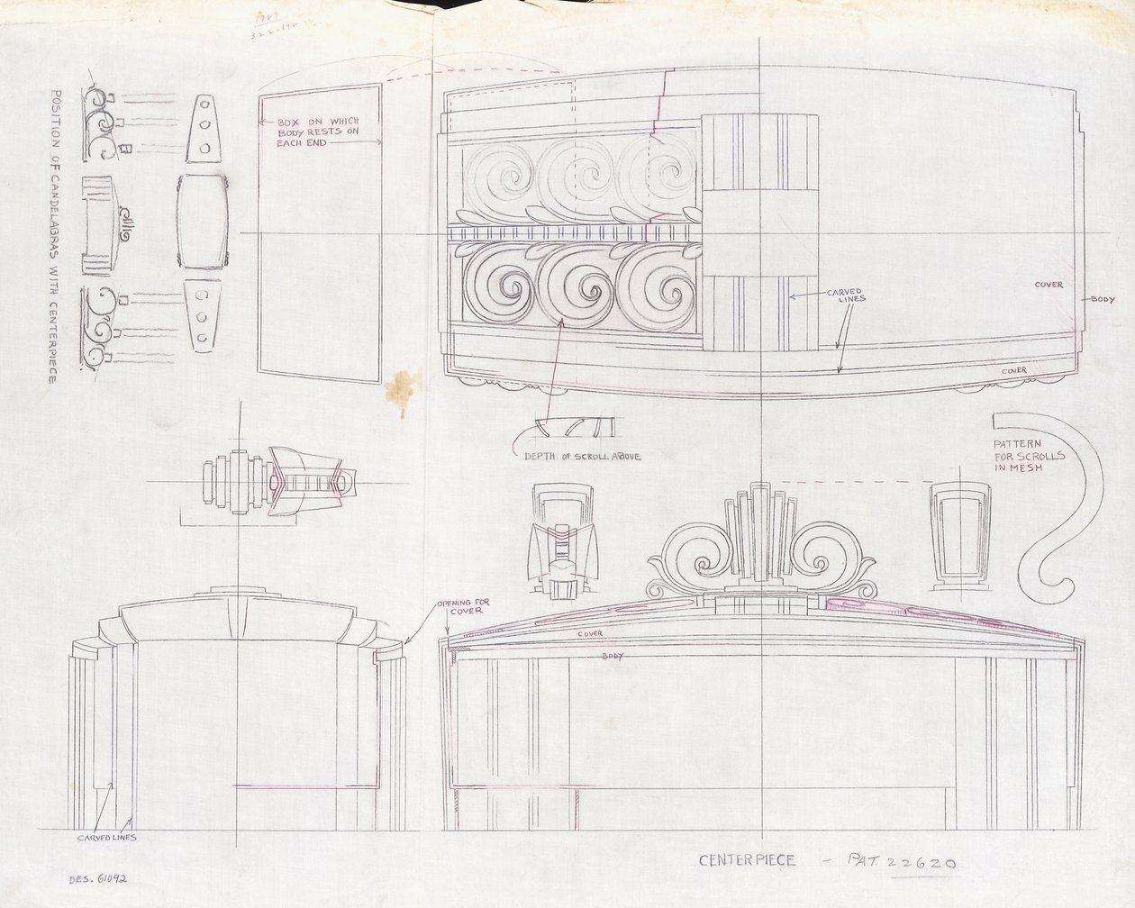 Kresba designu pro středovou část expozice Tiffany & Co. a dva třísvětelné svícny, vyrobené pro světovou výstavu v roce 1939, kolem roku 1939 (inkoust na papíře) od Tiffany and Company