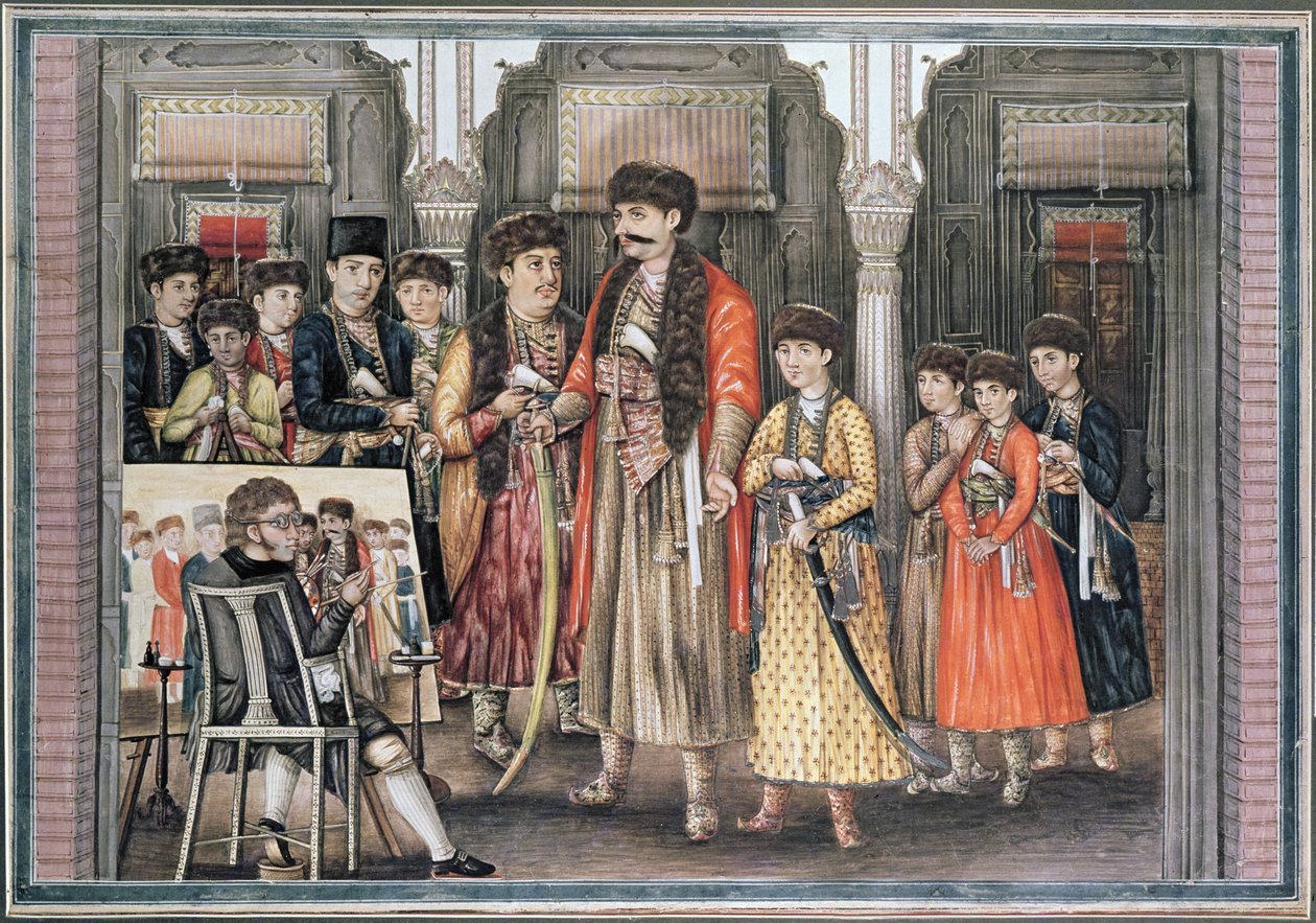 Shuja ud-daula, Nawab of Oudh (1754-75) a jeho deset synů, ryl P. Renault, 1796 (barevná akvatinta) od Tilly Kettle