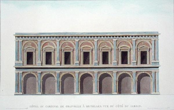 Rezidence kardinála de Granvelle (1517-86), Brusel, Pohled ze zahrady, z „Výběr nejpozoruhodnějších památek, budov a domů Nizozemského království“ od Pierra Jacquese Goetghebuera, vydáno 1827 (akvatinta) (viz také 189226) od Tilman Francois (after) Suys