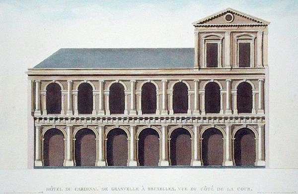 Boční pohled na rezidenci kardinála de Granvelle (1517-86), Brusel, z „Výběr nejpozoruhodnějších památek, budov a domů Nizozemského království“ od Pierra Jacquese Goetghebuera, rytina autora, vydáno 1827 (akvatinta ) (viz také od Tilman Francois (after) Suys