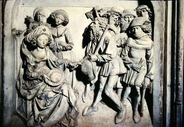 Hrob Henriho II (973-1024) a jeho manželky Kunigunde, detail Kunigundy propouštějící nepoctivé služebníky od Tilman Riemenschneider