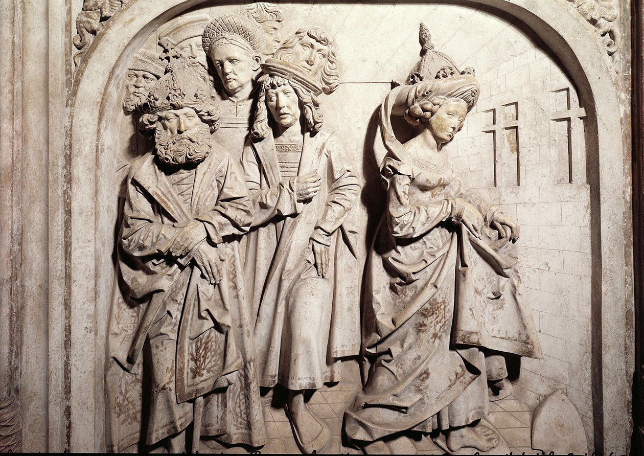 Hrobka Henriho II. 973-1024 a jeho manželky Kunigundy, detail soudního procesu s Kunigundou ohněm pro podezření z cizoložství, kámen z let 1499-1513 od Tilman Riemenschneider