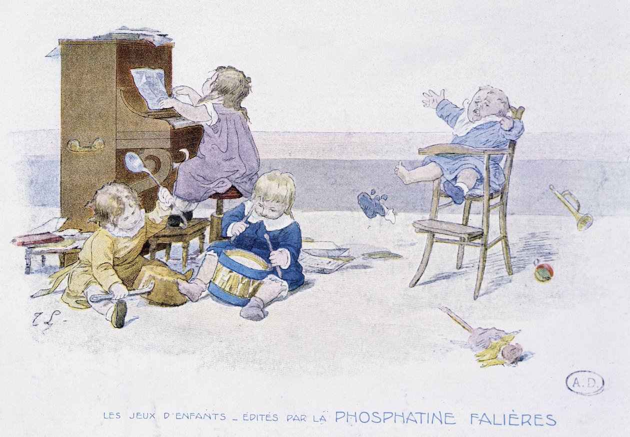 Dětské hry: děti hrají na různé hudební nástroje - dess. de Lobrichon, ed. od Phosphatine Falières, v.1920 od Timoleon Marie Lobrichon