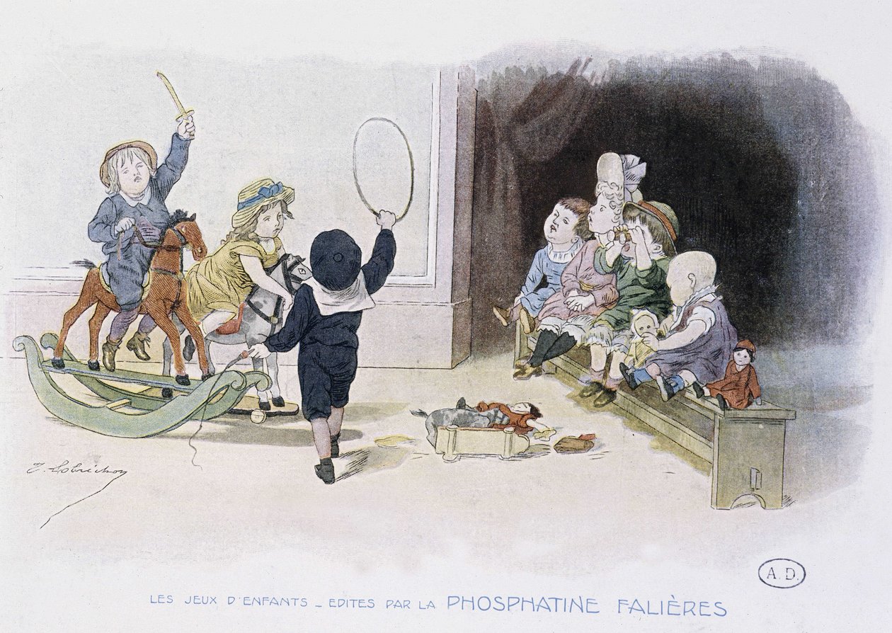 Dětské hry: děti s různými hračkami (obruč, houpací kůň, panenky...) - dess. de Lobrichon, ed. od Phosphatine Falieres, v.1920 od Timoleon Marie Lobrichon