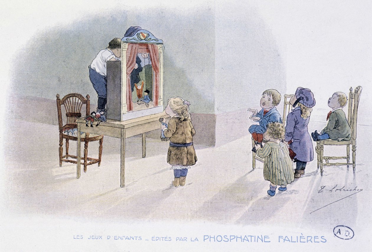 Dětské hry: loutky (Guignol?) - dess. de Lobrichon, ed. od Phosphatine Falieres, v.1920 od Timoleon Marie Lobrichon