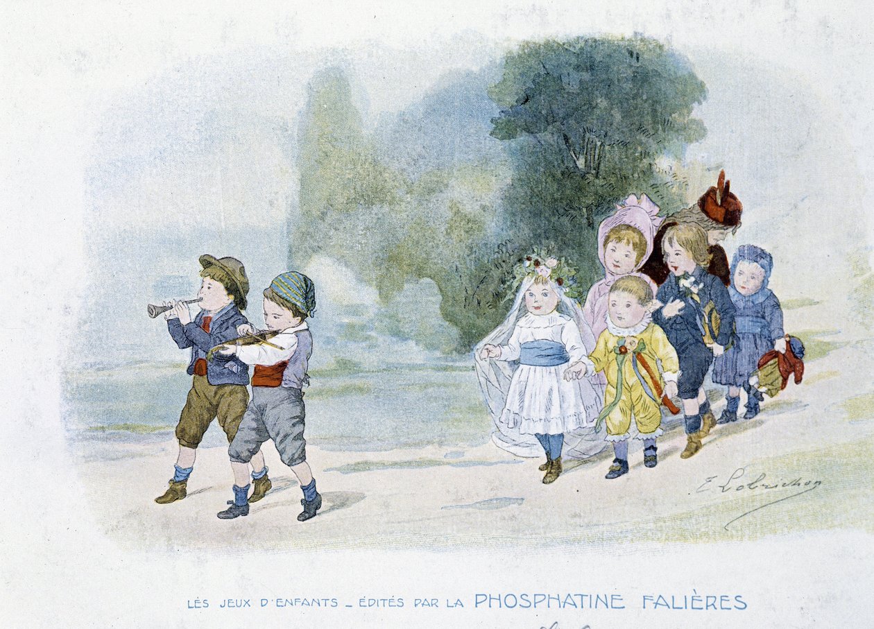 Dětské hry: svatební průvod, děti převlečené za nevěsty - dess. de Lobrichon, ed. od Phosphatine Falières, v.1920 od Timoleon Marie Lobrichon