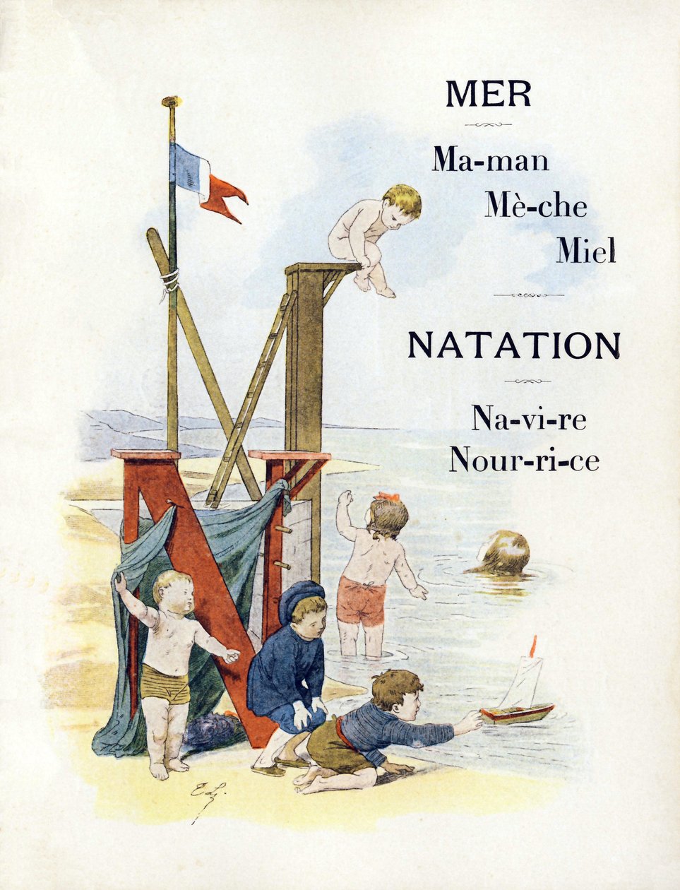 Písmena M a N představující děti na pláži, konec 19. století (chromolitograf) od Timoleon Marie Lobrichon