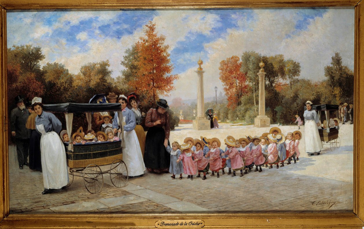 Chůze z jeslí do Tuileries Sestry chodí děti s vozíky. Obraz Timoleona Lobrichona (1831-1914) 19. století. Soukromá sbírka - Promenáda dětí v zahradách Tuileries. Chůvy na procházce s dětmi ve vozících. Malování od od Timoleon Marie Lobrichon