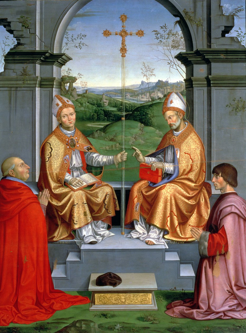 Svatý Tomáš Becket a sv. Martin z Tours s arcibiskupem Giovanni Pietro Arrivabene a Guidobaldo da Montefeltro, vévoda z Urbina († 1508) od Timoteo Viti