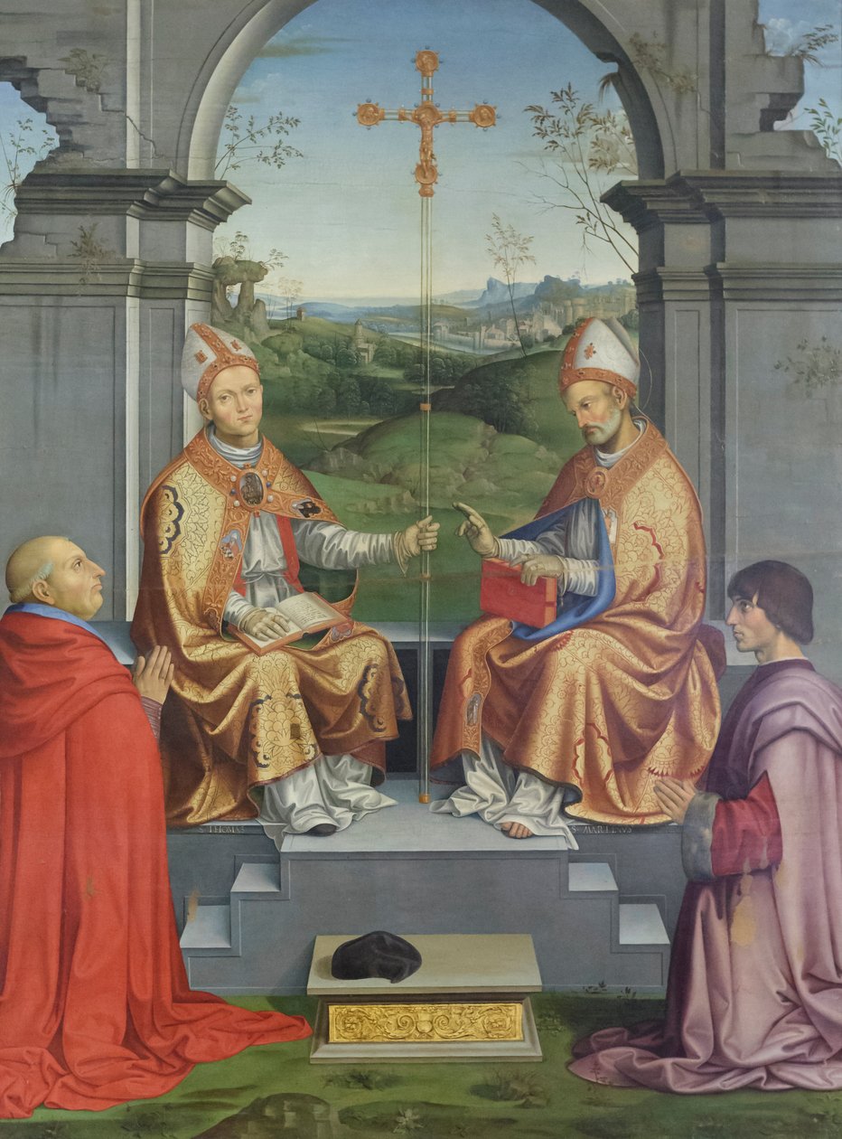 Svatí Tomáš Becket a Martin z Tours uctívaní biskupem Giovannim Pietrem Arrivabene a jeho synovcem Giacomem od Timoteo Viti