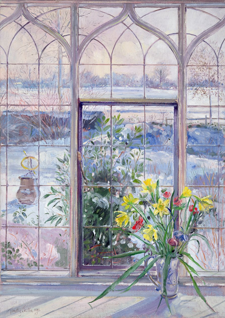 Narcisy a sluneční hodiny proti sněhu od Timothy Easton