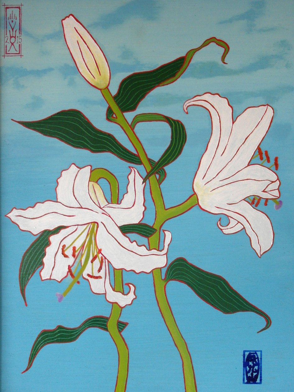 Bílá lilie na modrém pozadí, 2010, olej na dřevě od Timothy Nathan Joel