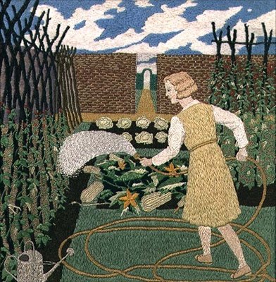 Žena zalévá zahradu (vyšívání) od Tirzah Ravilious