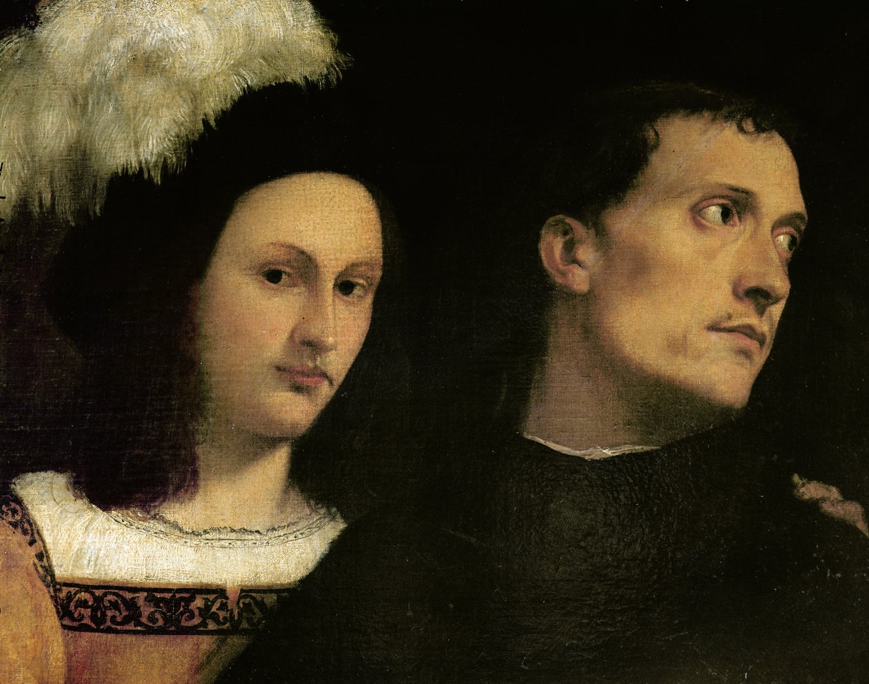 Koncert (detail hlavy hráče na spinet a mladého panoše s opeřeným kloboukem), kolem 1510 od Tiziano Vecelli