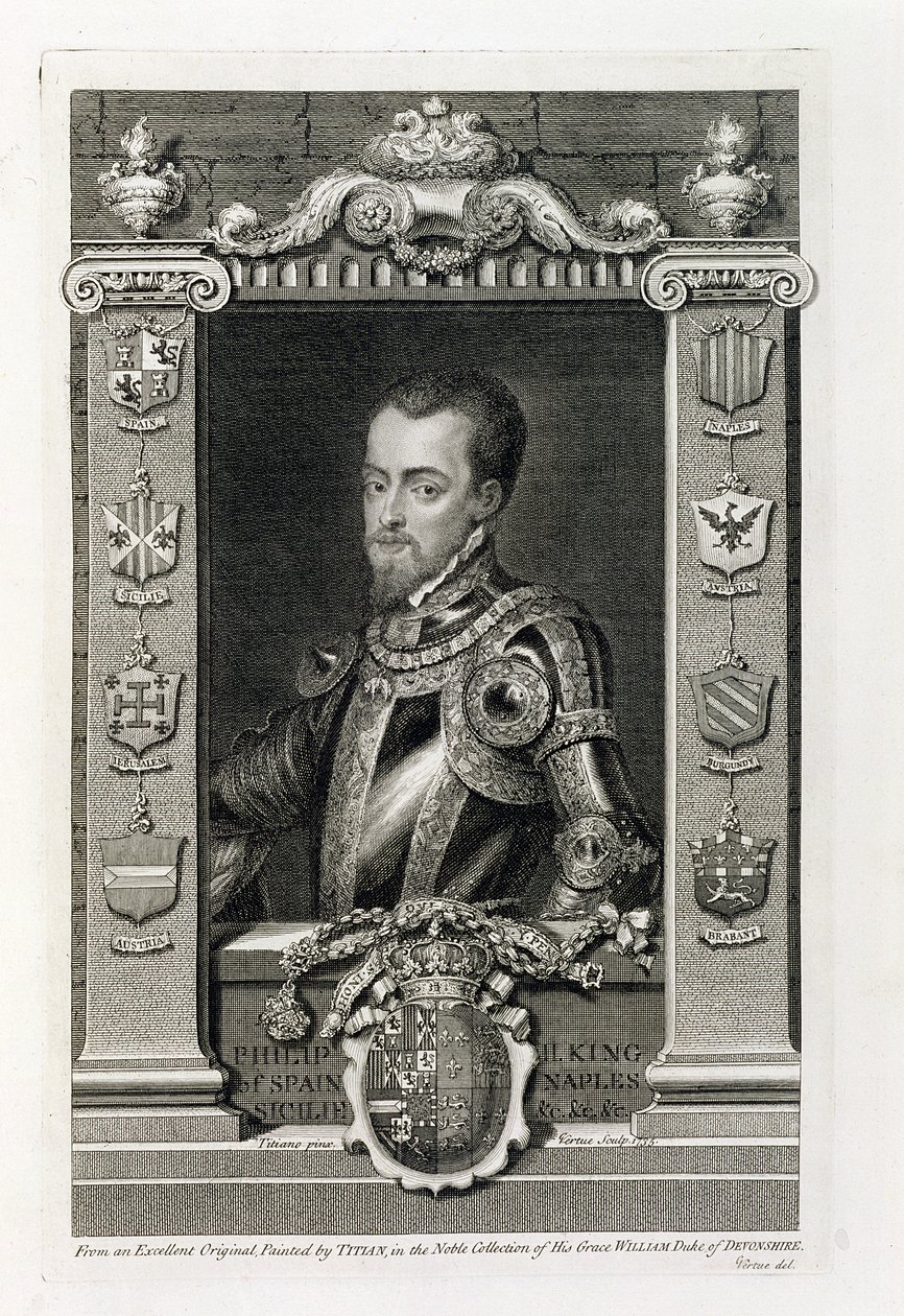Filip II. (1527-98) španělský král z roku 1556, ryl George Vertue (1684-1756) 1735 od Tiziano Vecelli