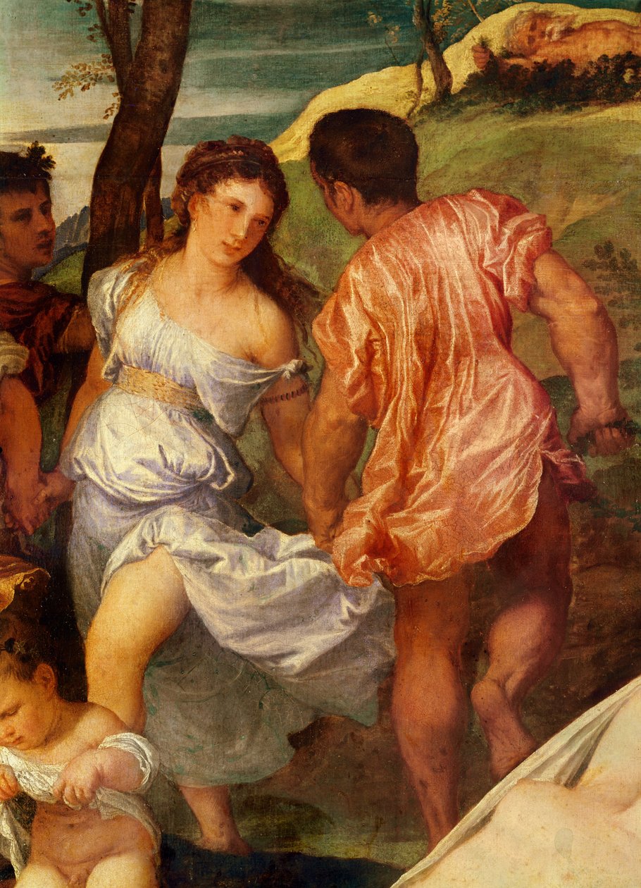 Bacchanal, detail dvou postav za Ariane. c.1518 olej na plátně od Tiziano Vecelli