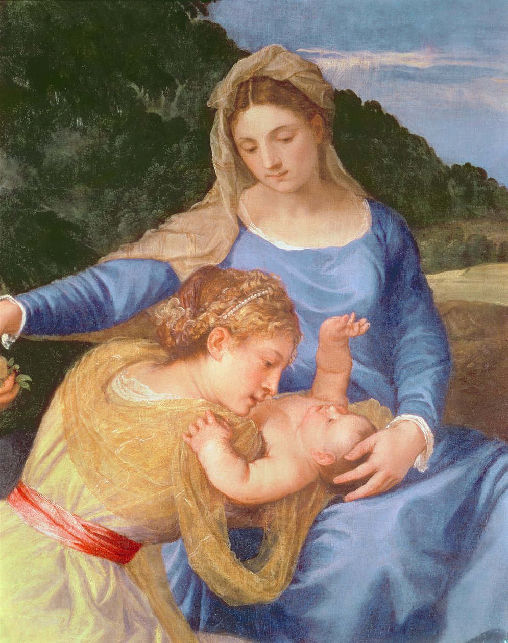 Panna a dítě se sv. Janem Křtitelem a světicí, detail Panny Marie, Ježíška a světice, cca 1530-35 olej na plátně od Tiziano Vecelli