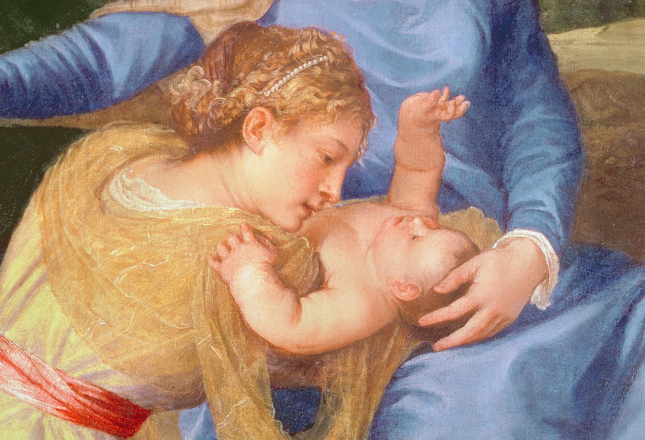 Panna s dítětem se sv. Janem Křtitelem a světicí, detail Panny Marie, Ježíška a světice, cca 1530-35 olej na plátně od Tiziano Vecelli