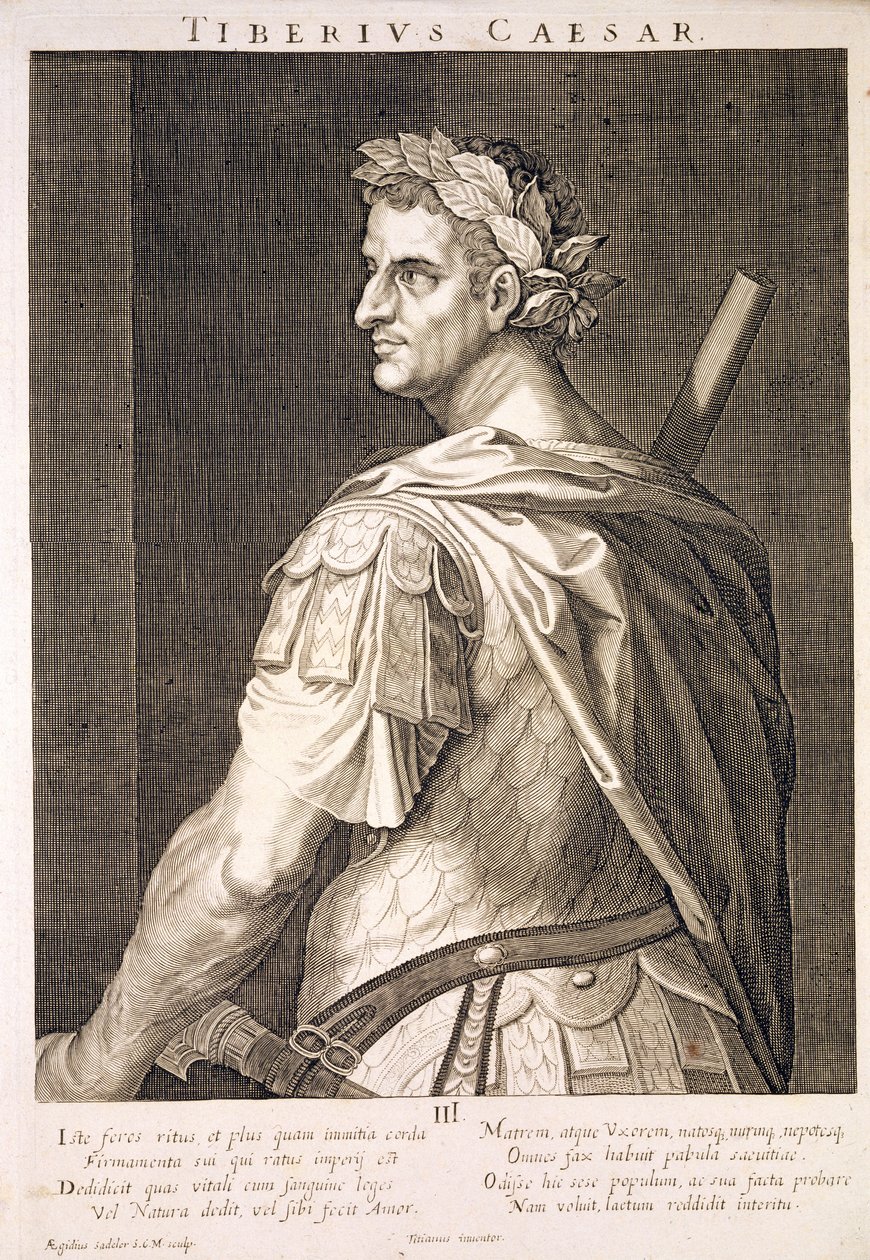 Tiberius Caesar (10 př. n. l. - 54 n. l.) Římský císař 14-37 n. l. vyryl Aegidius Sadeler (1570-1629) od Tiziano Vecelli