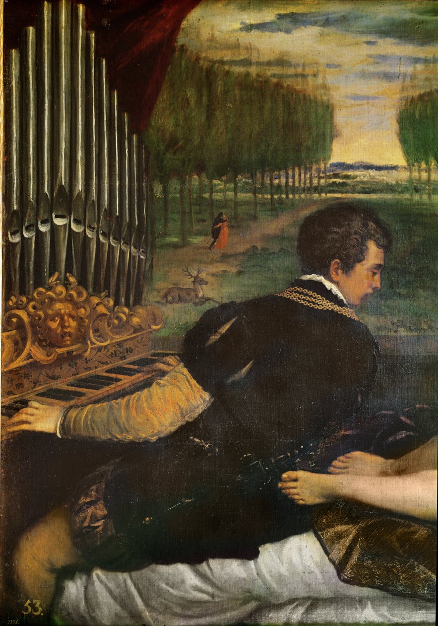 Venuše s varhaníkem a Amorem nebo Ottavio Farn ese, varhaník a jeho paní (detail varhaníka), kolem 1540-50 od Tiziano Vecelli