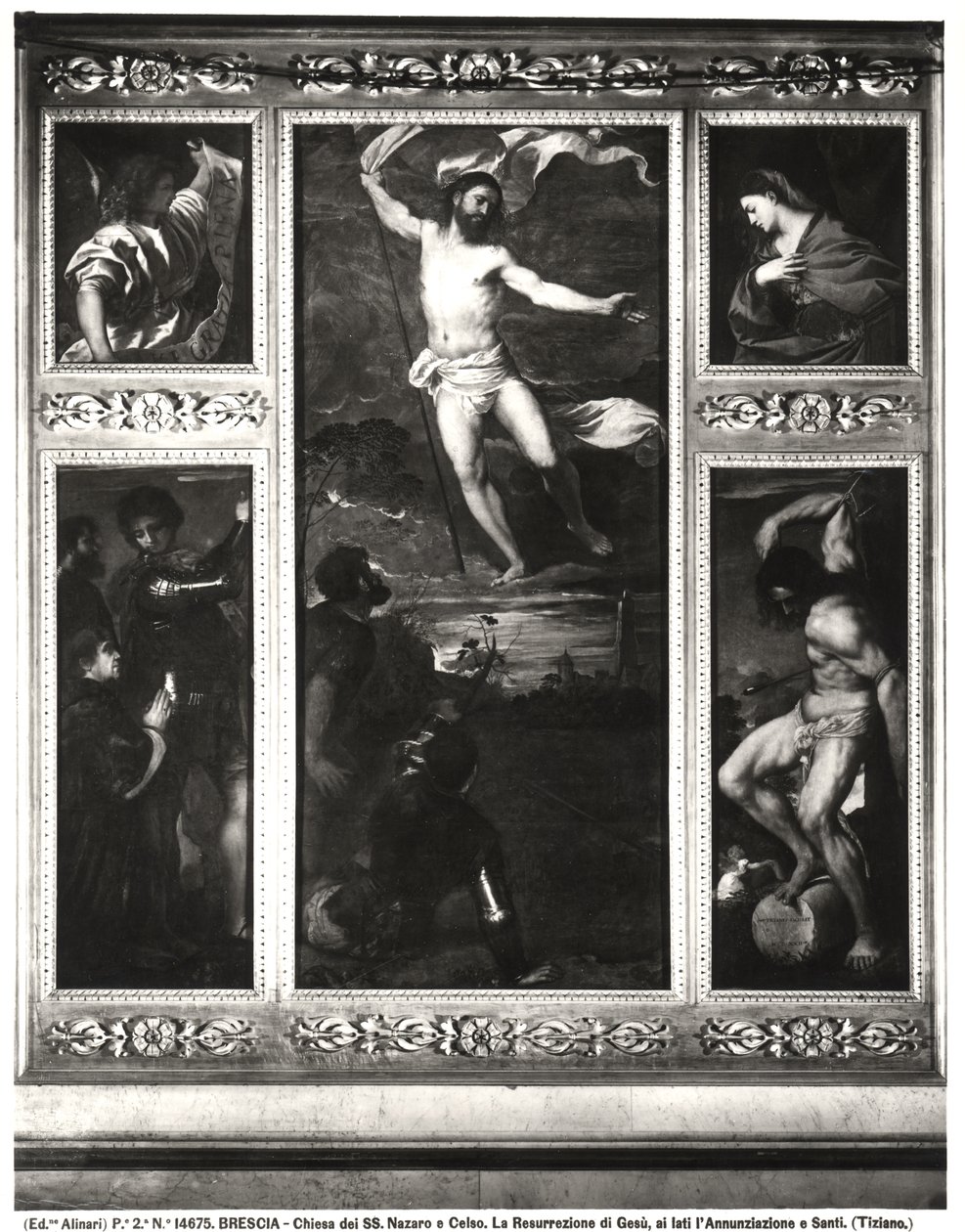 Averoldiho polyptych zobrazující Kristovo vzkříšení, Zvěstování, SS Nazarius a Celsus s Averoldim a Umučení Sebastiana, 1522 od Tiziano Vecelli