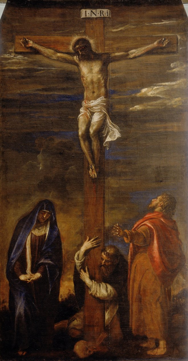 Kristus na kříži s Pannou Marií, svatým Janem a svatým Dominikem od Tiziano Vecelli