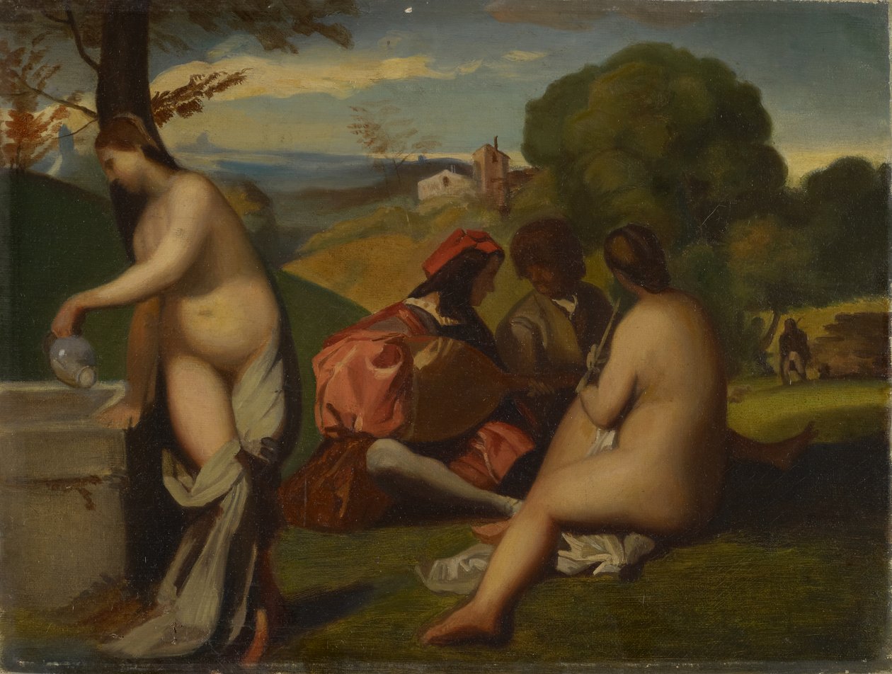 Pastorační koncert, 1838-43 (olej na plátně a kartonu) od Titian c.1488 1576 manner of Titian c.1488 1576 manner of