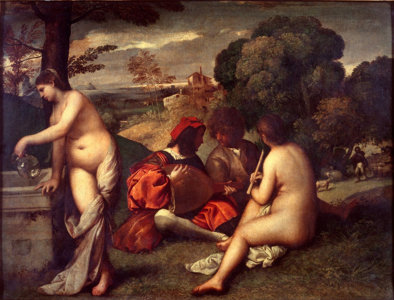 Pastorační koncert, c 1509 (olej na plátně) od Titian (c.1488 1576) (attr. to)