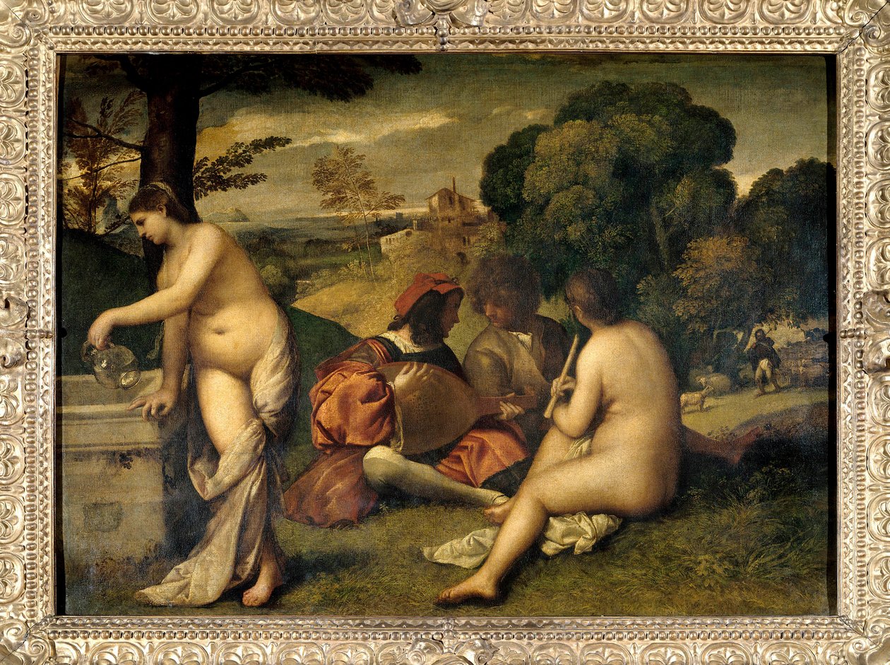 Koncert kapely Muzikanti v trávě, dvě ženy jsou nahé, jedna si naplnila džbán vodou ve fontáně. Obraz připisovaný Tiziano Vecellio dit le Titian (1485-1576) nebo Giorgio da Castelfranco dit Giorgione (1476/1478-1510) Sun. 1,05 x 1 od Titian (c.1488 1576) (attr. to)