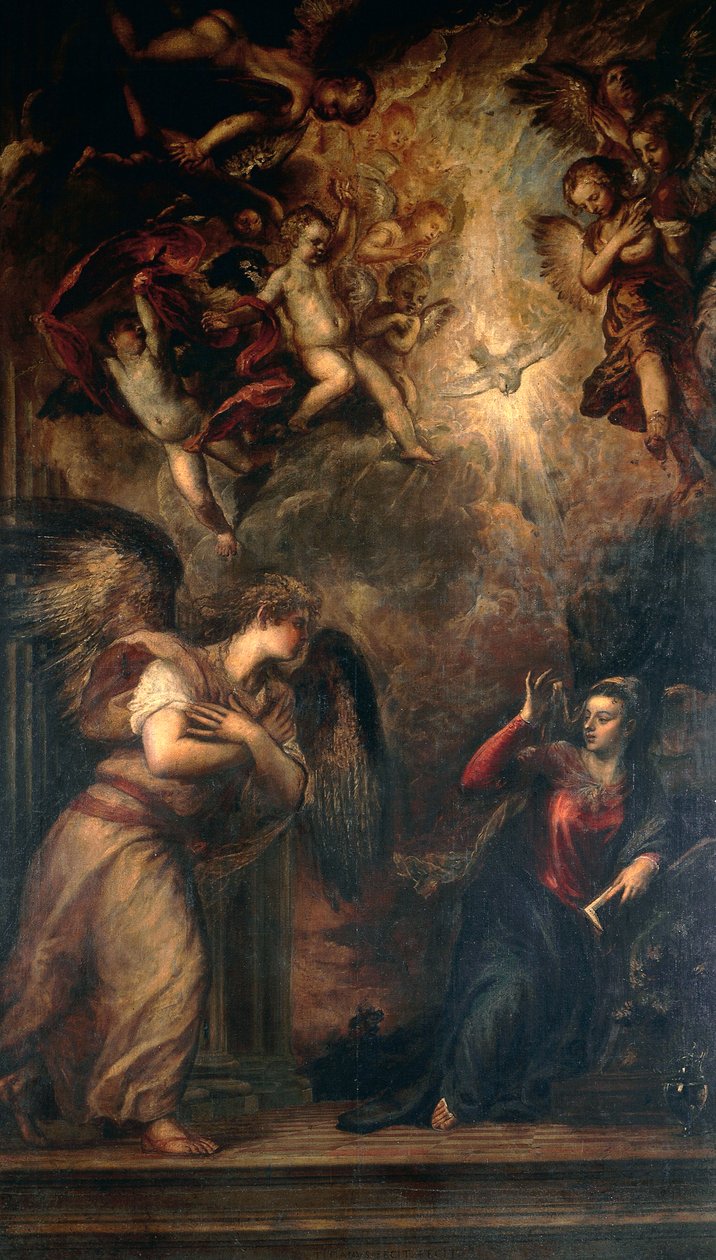Zvěstování, od Tiziana (asi 1490-1576), kostel San Salvador, Benátky od Titian (c.1488 1576)