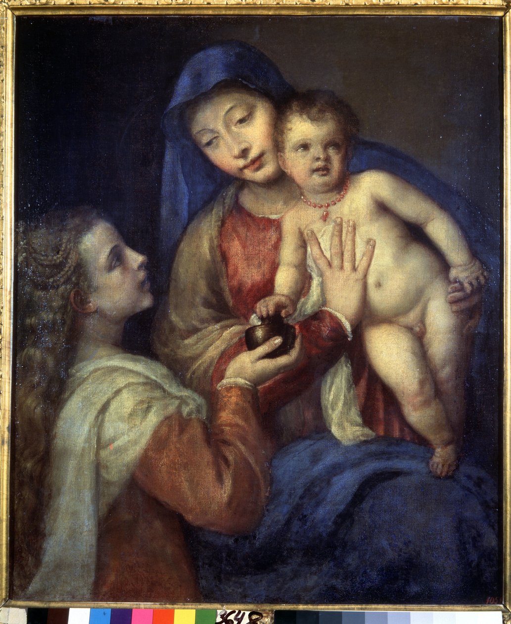 Madona a dítě s Marií Magdalénou. Obraz od Tiziana (Tiziano Vecellio nebo Vecelli nebo Tiziano da Cador od Titian (c.1488 1576)