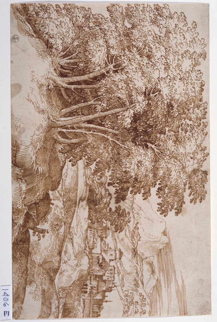 Krajina se stromy vlevo a městem v pozadí (pero a tuš na papíře) od Titian (c.1488 1576)