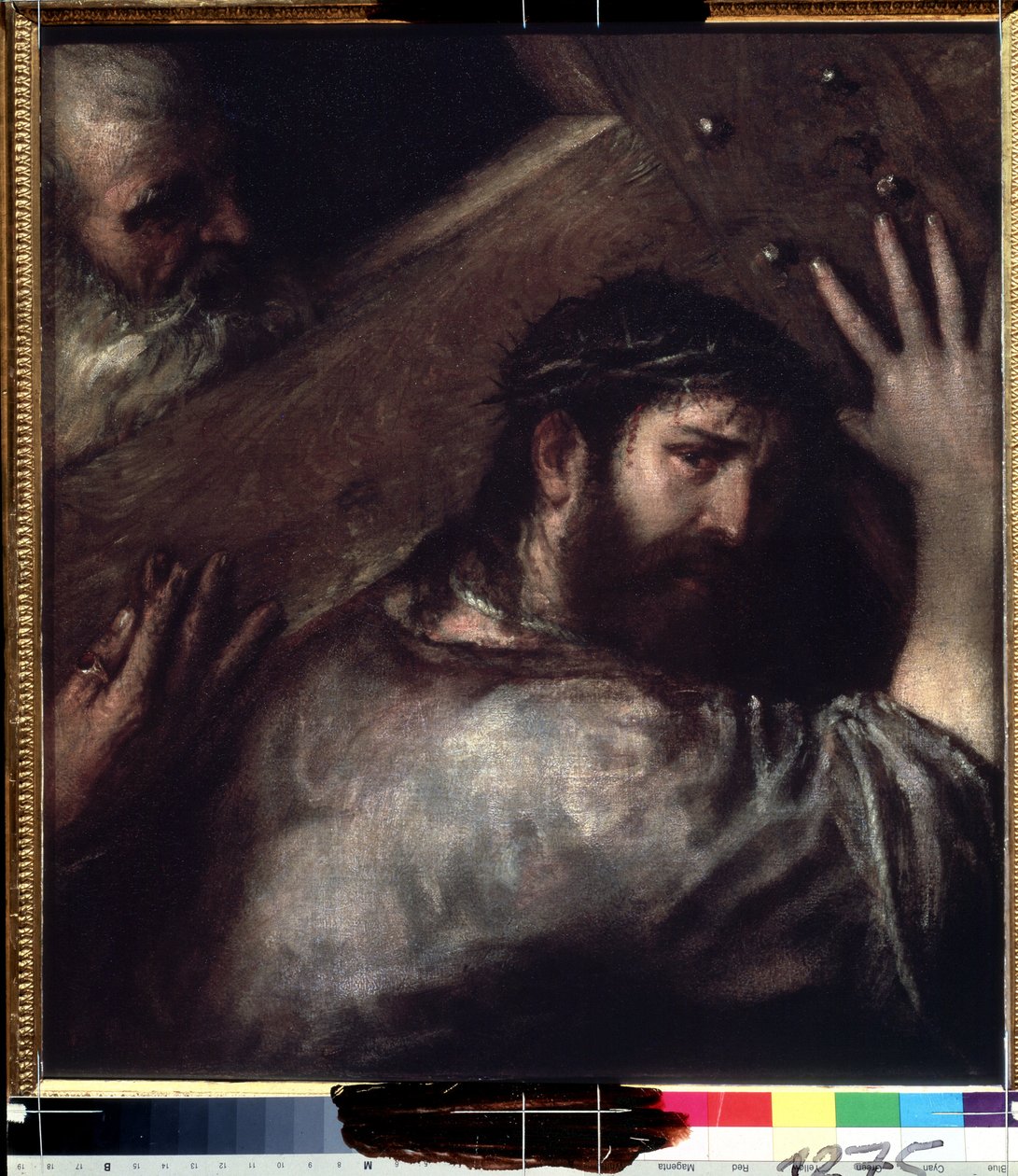 Kristus nesoucí kříž (Le portement de croix) (Kristus nesoucí kříž). Obraz od Tiziana nebo Le Tiziana (Tiziano Vecellio nebo Vecelli, nebo Tiziano da Cador od Titian (c.1488 1576)