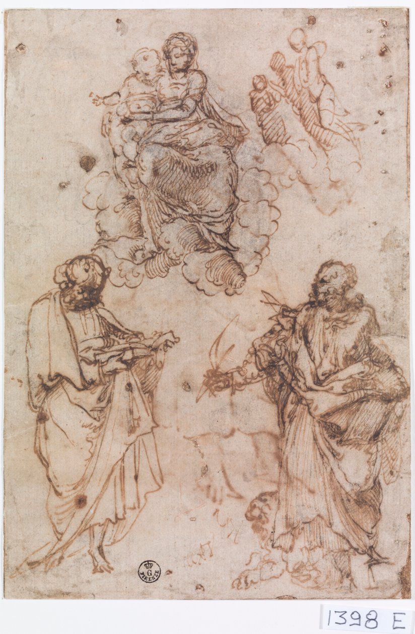 Madona s dítětem sedící na oblacích se světci nebo apoštoly (pero a tuš na papíře) od Titian (c.1488 1576)